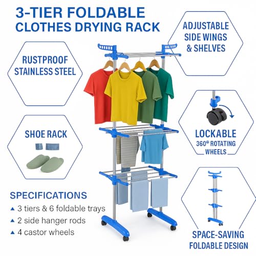 Image of JIALTO Heavy Duty Foldable Clothes Drying Rack for Laundry | 3-Tier Garment Hanger Stand with Wheels | Indoor Outdoor Use | Adjustable Shelves & Arms for Towels, Shirts, Pants