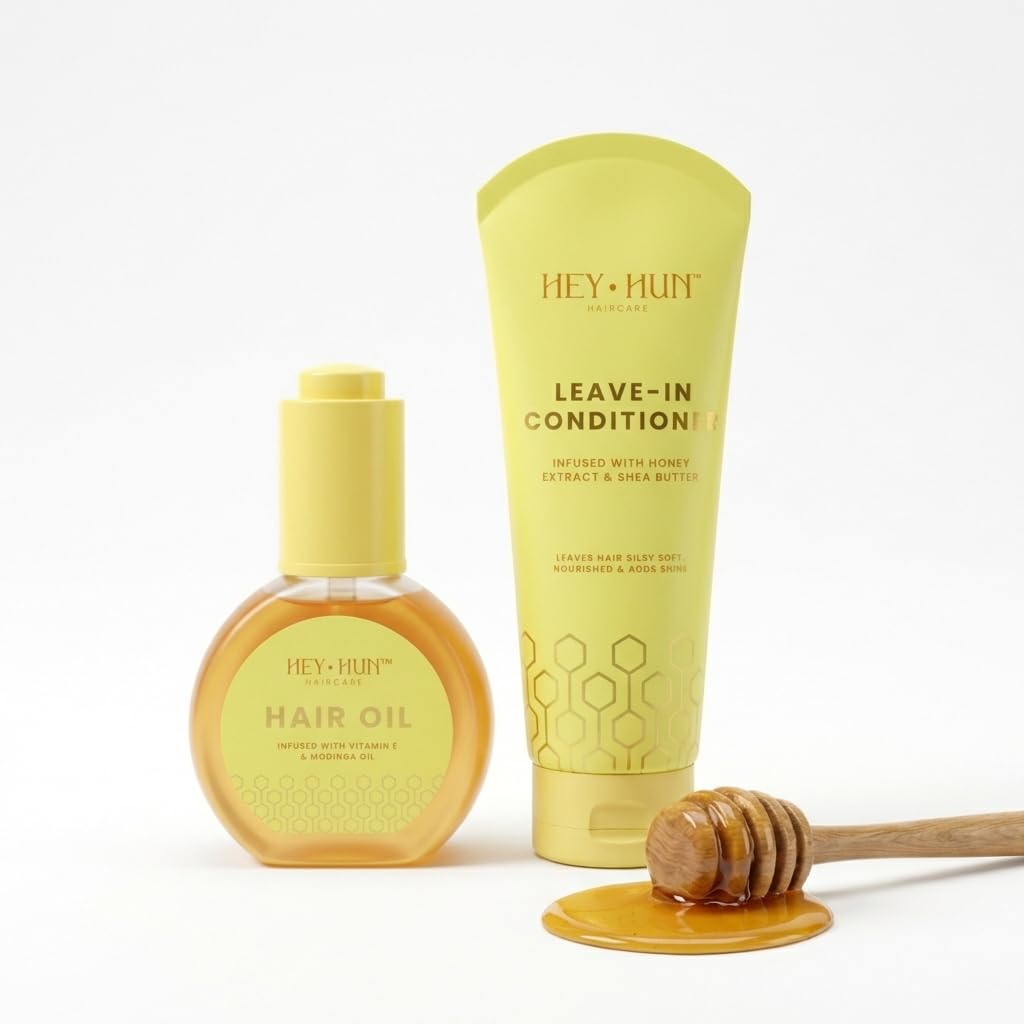 Hey Hun Leave in Conditioner + Hair Oil Set – Argan Oil & Honey Treatment for Dry Damaged Hair, Vegan Moisturising Spray for Frizz Control, Split Ends & Dry Scalp (Unisex, Cruelty-Free)