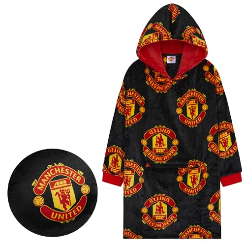 Manchester United F.C. Boys Oversized Fleece Hoodie, Hooded Poncho, Cosy Loungewear - Gifts for Boys (Black Hoodie/Cushion)