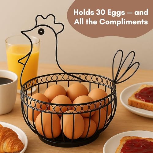 Image of Metal Egg Basket Hen Shape | Egg Basket for Kitchen | Metal Basket for Storage | Multipurpose Basket for Kitchen | Fruit Basket for Dining Table | Basket for Gifting (Black)