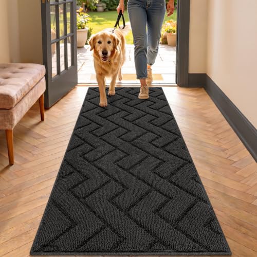 Image of hicorfe Dirt Trapper Indoor Doormat,20 inchx48 inch Welcome Door mat,Non Slip Backing Washable Door Mats,Absorbent and Resistant Low-Profile Entrance Inside Floor Mat for Front Back Door,Entryway (Charcoal)