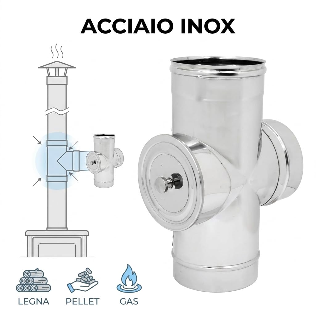 MAKA Raccordo a T 90° con Ispezione Posteriore HT Alte Temperature per Canna Fumaria in Acciaio Inox, per Stufe a Legna e Pellet, Combustibile Solido (Ø 220 mm, AISI 316)