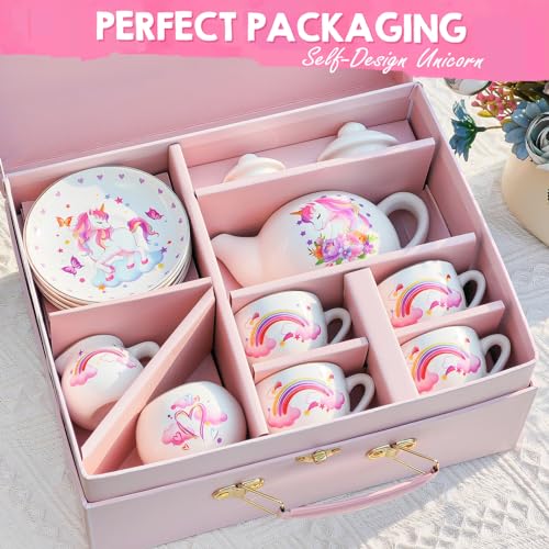 Image of TUZT Porcelain Tea Party Set for Little Girls Kids Toddlers, 13Pcs Unicorn Tea Set - Teapot & Cup & Saucer & Suitcase,Pretend Play Toys Kitchen Set - Christmas Birthday Gift for Girls