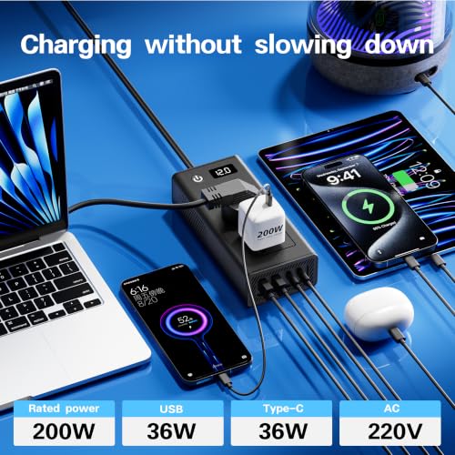 Image of MX 200W Car Power Inverter, 6-in-1 Car Laptop Charger with Dual AC Sockets, 20W Type-C PD, 36W USB Ports, Voltage Display, ON /OFF Switch, Multi-Protection,12V to 220V Car Adapter for Travel,Road Trips