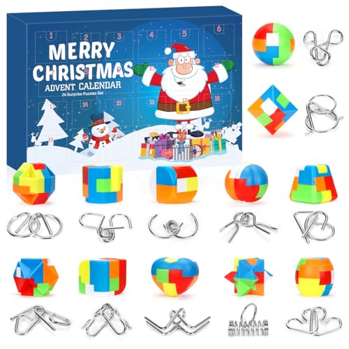 Calendrier de l'avent Enfant 2024, 24pcs Calendrier de l'avent Casse Tete, Compte à Rebours de Noël Casse-tête Puzzles en Métal Plastique, Petits Jouet Éducatif Calendrier Avent pour Enfants Adultes
