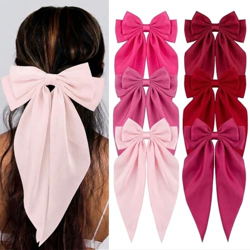 Silky Satin Hair Bows, Oversized Long Tail Bows with Barrette Clips, Coquette Hair Accessories for Women and Girls (Fuchsia-Burgundy-Mauve-Ruby-Pink-Magenta)