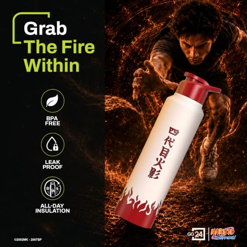 Image of Water Bottle 950ml Stainless Steel Sports /Fridge Bottle with Sipper Cap | 1-Year Warranty | Single Wall| For Home, Office, Gym, Travelling | Lightweight | Naruto Ninja| Red-White - Fourth Hokage