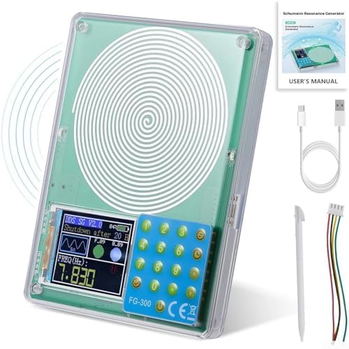 Top-down view of the FG-300 Signal Generator, showing the spiral coil, display, and keypad.