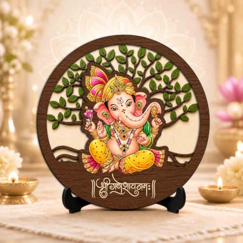 Image of Ganesh Ji Wooden Idol with Stand for Home Temple, Puja Room, Office Desk & Indoor Mandir Decor - 5x5 Inch