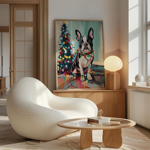 Image of aj decor Boston Terrier Christmas Wall Art Print Poster, Dog Pet Lover Picture Painting Artwork Bedroom Living Room Office Dining Room 150D (Boston Terrier Christmas, 11 inch W x 14 inch L, Wood Frame)