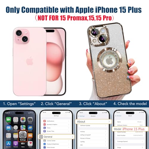 Image of Misscase for iPhone 15 Plus Magnetic Glitter Case Compatible with MagSafe,Full Protection Slim Shockproof Anti-Scratch Case with Camera Lens Protector Logo View Dust-Proof Net for Women Gold