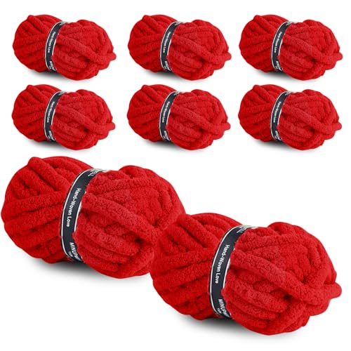 MINUPWELL 8 Packs Jumbo Chunky Chenille Yarn - 1820g(64oz)254 Yards (761ft) Bulky Yarn - Chunky Yarn for Hand Knitting Blanket Cushions Pet Bed - Soft and Durable(Red)