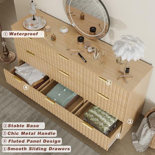 Image of Fluted 9 Drawer Dresser for Bedroom, 63 inch Wide Modern Wooden Chest of Drawers with Metal Handles, TV Stand & Closet Storage Organizer for Living Room,Hallway, Natural Wood