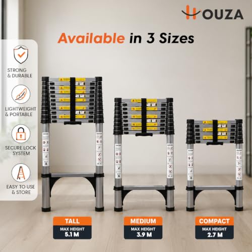 Image of HOUZA 2.7m (8 ft) Steel Telescopic Ladder | 7-Step Foldable Extension Ladder | Portable & Collapsible Ladder for Home, Industrial & Outdoor Use | EN131 Certified | 1 Year Warranty(Silver & Black)