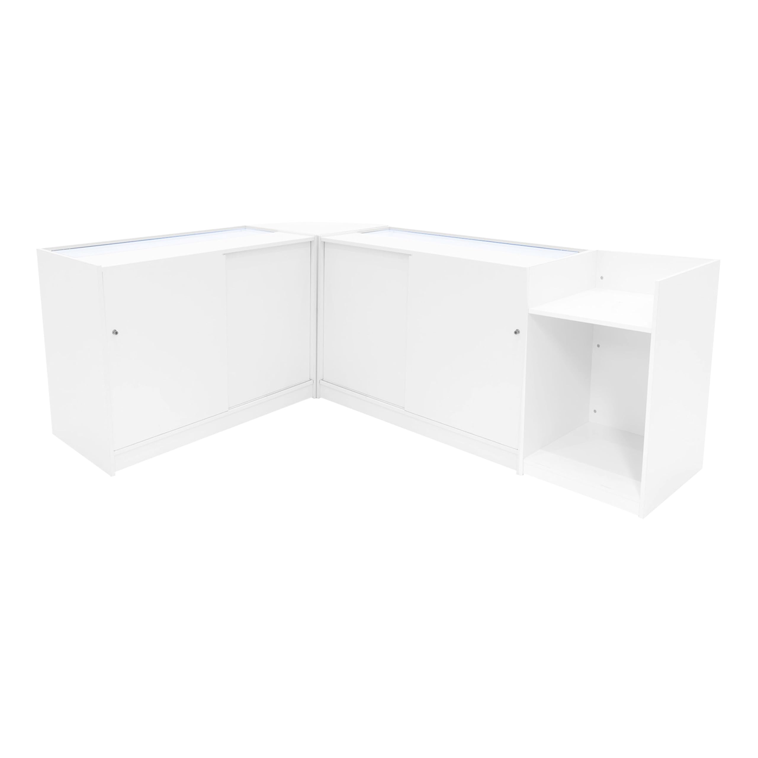 Comptoirs de Vente MDF Blanc à LED Blancs Ensemble Astro CM60 TB60 K1200 3 Unités de Rangement Étagères Internes Portes Coulissantes Verouillables Réception Bureau Vêtements Bijoux [Clés INCLUS]