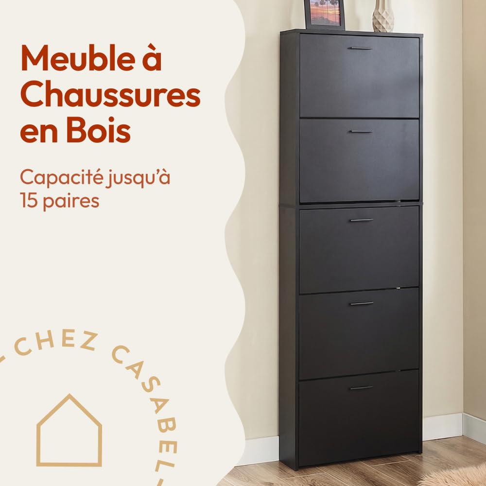 CASABEL Meuble à Chaussures 15 Paires, Portes et Cadre Noir | Rangement chaussures, 5 Abattants, Compartiments rabattables, Format étroit, Gain de place, Design moderne, Montage facile