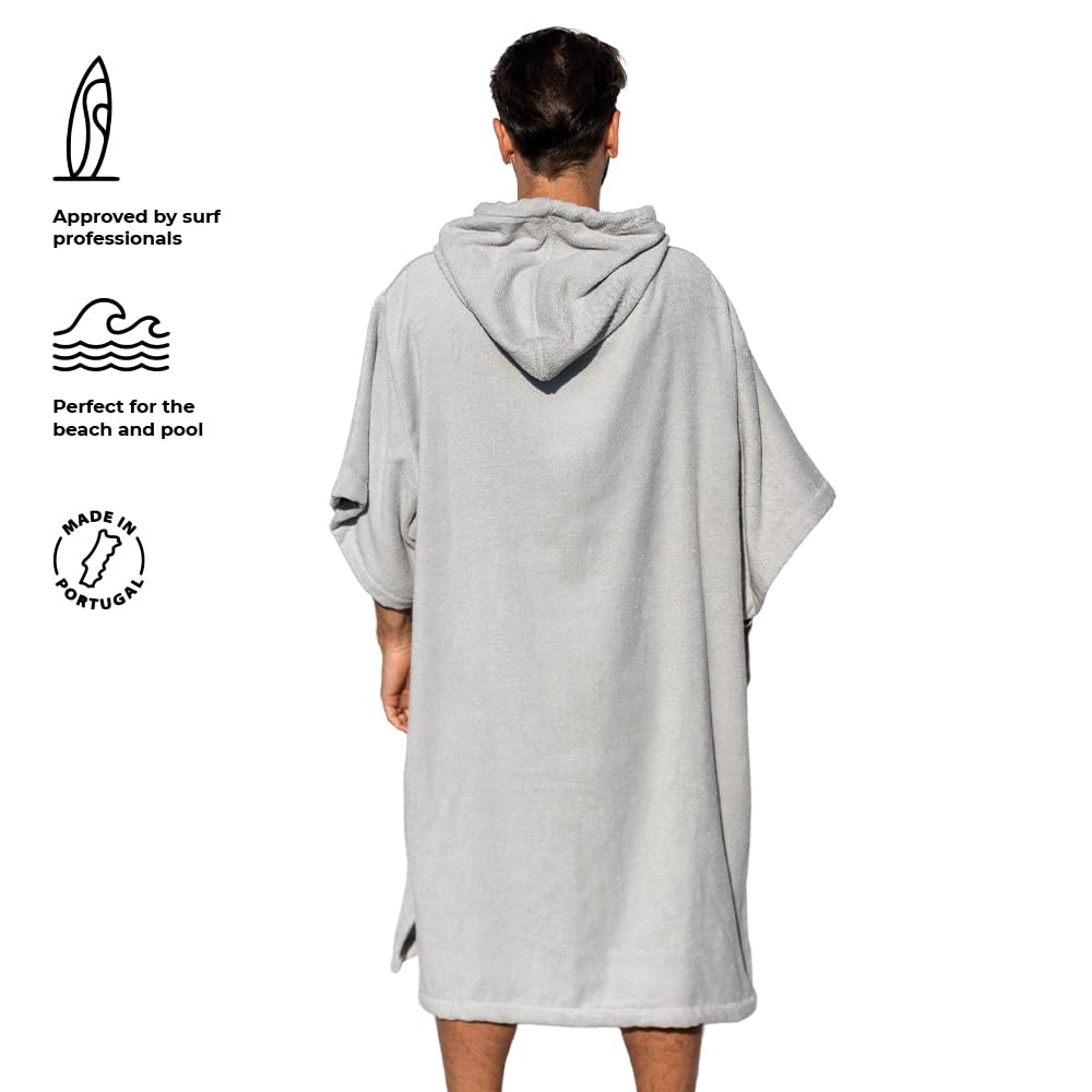Poncho Surf Jasnoszary z rękawami - Jeden rozmiar - 100% Bawełna Premium - Wyprodukowano w Portugalii