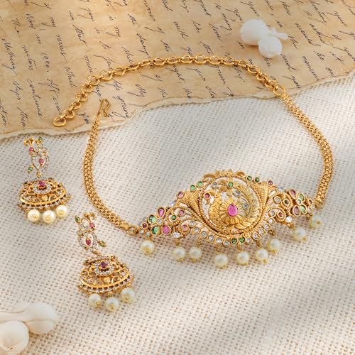 Image of Rubans Necklace Set Temple Style Cubic Zirconia Jewellery Gift for Women & Girls