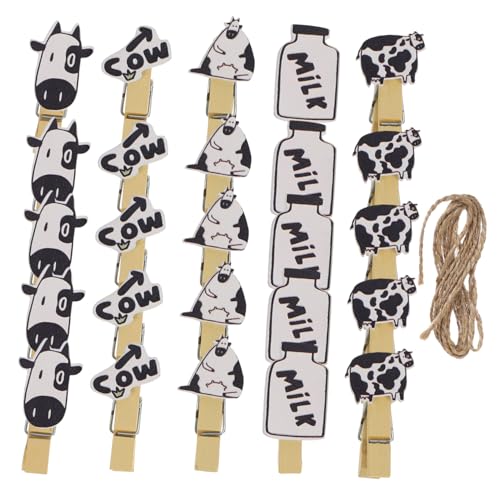 Cabilock 5packs Cow Shaped Wooden Photo Clips with Rope Total Craft Clips for Home Decoration and School Projects Eye-catching Memo Holders