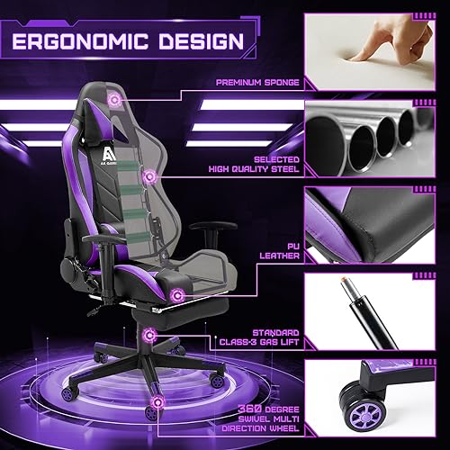 Image of AA Products Gaming Chair - High Back Ergonomic Computer Racing Chair with Footrest, Lumbar Support and Swivel - Black /Purple