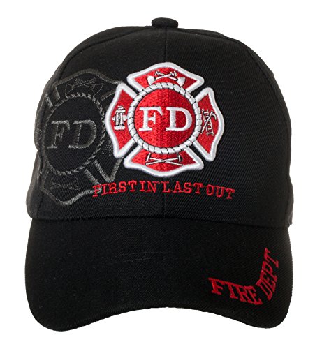 Artisan Owl Fire Department First in Last Out Embroidered Cap - Adjustable Hook and Loop Closure - Black