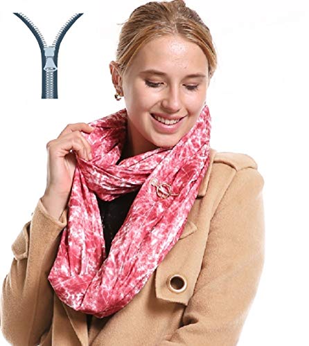 Infinity Scarf With Zipper Pockets - Secret Hidden Travel Scarves for Girls Women Men (PINK)