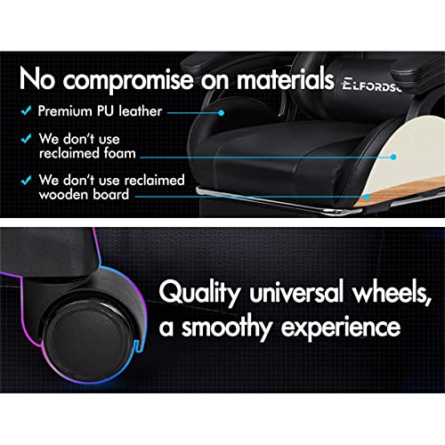 ELFORDSON Gaming Chair with 2-point Massage Lumbar Cushion, High Back PC Computer Game Chair, 150° Reclining Office Chair with Headrest & Footrest, 360° Swivel, Home Esports, PU Leather, Black - Image 9