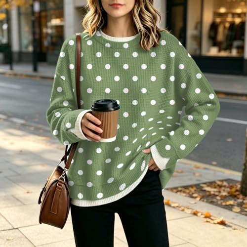 Waffle Knit Womens Oversized Sweatshirt Crew Neck Polka Dot Layered Shirts - image 5