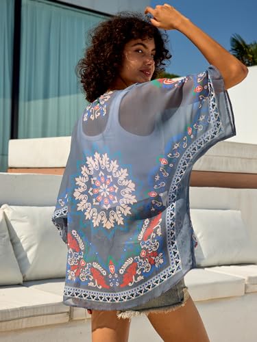 Image of Chunoy Women Summer Casual Open Front Blouse Top Lightweight Chiffon Kimono Beach Wear Cover Up Grey XX-Large