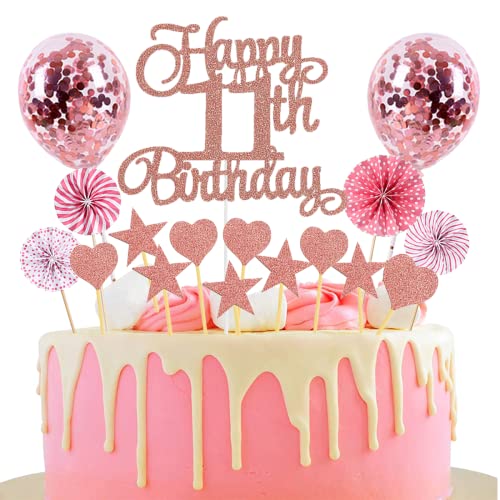 Jxuzh Happy 11th Birthday cake topper oro rosa 11 anni ragazze ragazzi cake topper 11° compleanno cake topper cake topper 11° compleanno ragazzi cake topper rosa con cuore stella per 11° complean