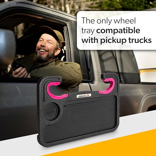 Image of ENRICH UP 2-in-1 Steering Wheel Tray Table & Car Desk - Hot Pink Ring | Car Table Tray for Parked Laptop Work, Meals, Cup Holder Use, Wheel Covers, Pickups, SUVs, and Travel Breaks