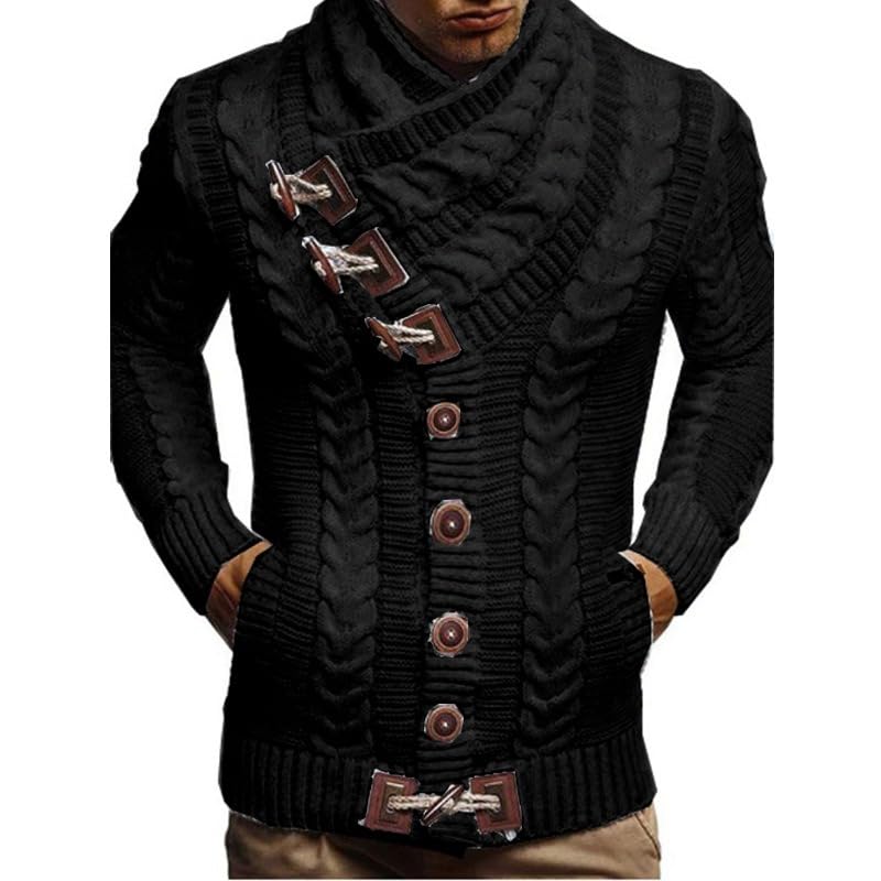 KELYWELL Men's Fall Winter Knitted Turtleneck Cardigan Leather Buckle Button Pullover Sweater Warm Long Sleeve Sweater