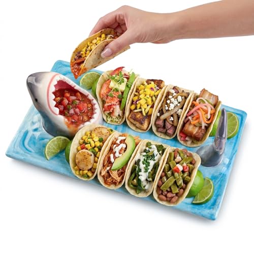 Image of 2 Pack Ceramic Shark Taco Holder Plate, Shark Sushi Plates, Funny Handmade Kitchen Salad Plates with Dipping Sauce Bowl, Microwave /Oven /Dishwasher Safe Plates, Birthday Gifts for Shark Party Lovers