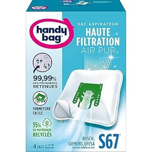 Handy Bag - Vacuum cleaner bags S67 x4bags - Compatible with Bosch, Siemens, UFESA - 99.99% of dust retained - Easy closing - Allergen filter - 55% recycled materials