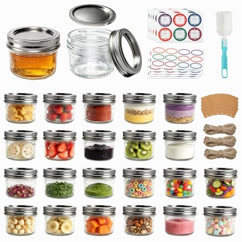 Dralaw 4 oz Mason Jars with Embossed Pattern 24 Pack Small Canning Jars with Airtight Lids Mini Glass jars for Jams Jelly Honey Spices DIY Candles Wedding Favors and Gift Packaging