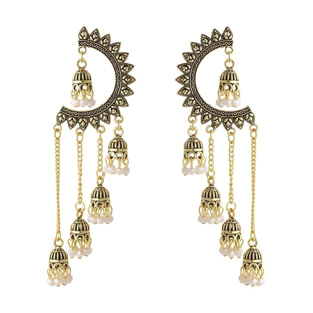 Image of WORLD CRAZE Multicolour long kashmiri jhumka for women chandbali earrings chand baliyan | kashmiri earrings for women | bahubali earrings stylish | Traditional Indian Festive Jewelry | Long Chain Tassels | Pearl Drop Latkan Jewellery (Multi colour)