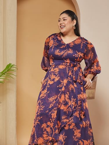 Image of Miss Chase A+ Women's V-Neck Three-Quarter Sleeve Floral Wrap Chiffon Midi Dress