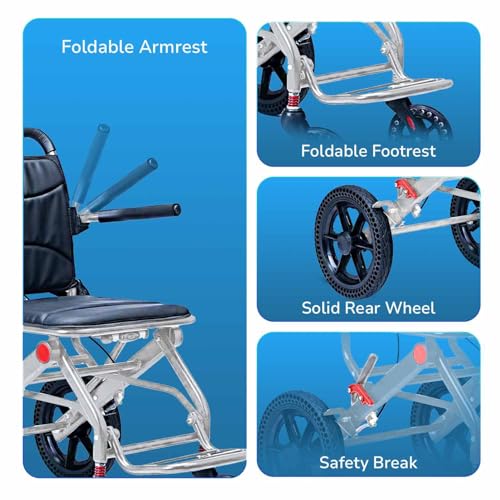 Image of EverActiv Swift Portable Wheelchair for Seniors | Ultra Light 8 Kg Carbon Steel Frame | Foldable, Compact, Attendant Brake, Travel Convenience | Wheelchair for old people