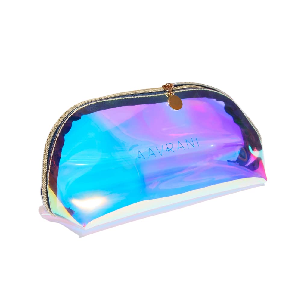 AAVRANI Holographic Clear Bag - Perfect Travel Bag for Cosmetics, Makeup, Toiletries, Skincare, and Skincare Tools, Water Resistant, Central-Zip