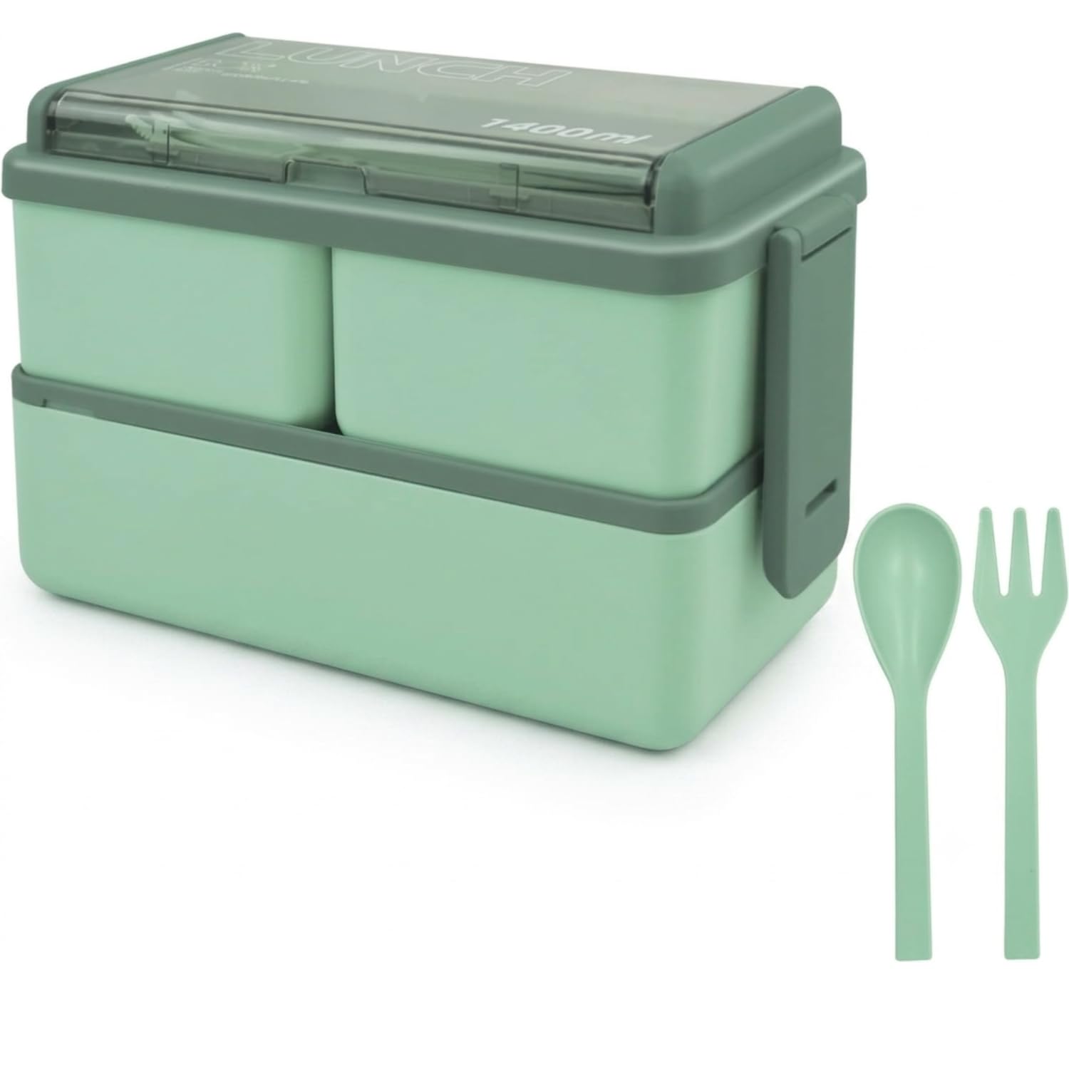 1400ml Leakproof Bento Lunch Box with 2 Compartments, Portable Food Container with Spoon & Fork, BPA-Free Stackable Lunch Box for Office, School & Travel