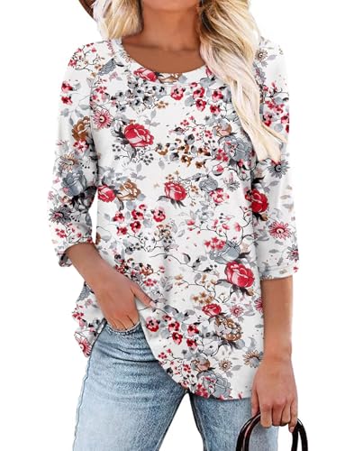 KISSMODA Tunic Tops for Women Loose Fit Dressy Round Neck Pleated 3/4 Length Sleeve Spring Tops
