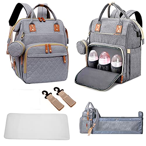 3 in 1 Diaper Bag Backpack Portable Foldable Mommy Travel Back Waterproof Newborn Baby Shower Gifts Pack Changing Pad Stroller Straps Large Capacity Unisex Grey