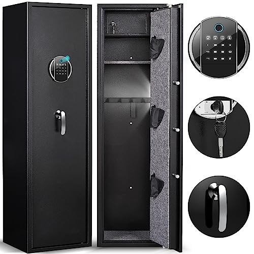 Silkight Biometric Fingerprint Rifle Gun Safe, Quick Access 5-Gun Cabinet Fingerprint Long Gun Safe, Gun Safes For Rifles And Shotguns With Mute Function, 3 Pistol Bags, Pistol Lock Box #TOP5