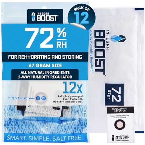 Image of Integra Boost 72% RH 2-Way Humidity Control Pack, 67g, Pack of 12 | Two way Moisture Absorber for Herbs, Spices & Food Storage, Preserves Flavor, Includes Humidity Indicator Cards
