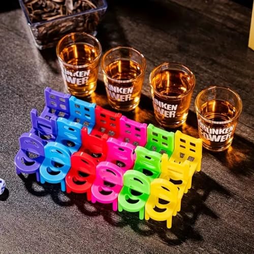 Image of Go Hooked Drunken Tower Stacking Chairs Game Set with 18 Mini Stools & 4 Shot Glasses - Fun Party Drinking Game for Adults, House Parties, Bars, College Nights & Festive Gatherings