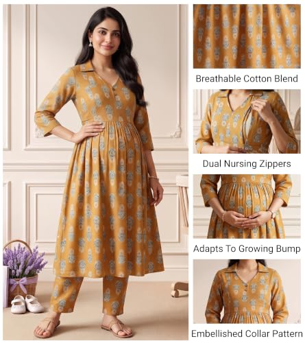 Image of DUMMY SHAPE Maternity Dresses for Women Cotton | Floral Kurta Pant Dupatta Set with Nursing Zippers, Side Pocket | Pre & Post Pregnancy | Feeding Kurti Suit | Baby Shower | Gifts for Pregnant Woman