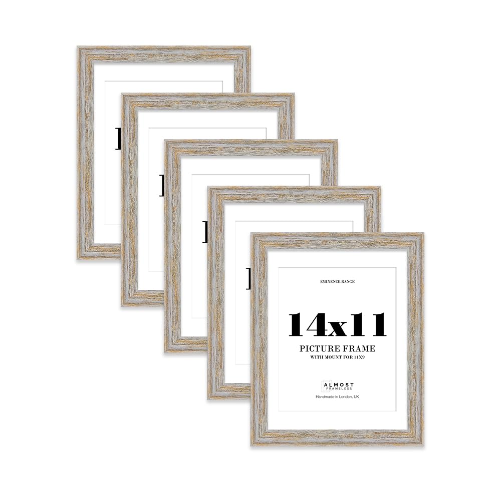 14x11" Walnut Woodgrain Picture Frame with 11x9" Mount - Shabby Chic Photo Frame with Distressed Finish, Wall Hooks and Kickstand, 32mm Edge - 5 Pack