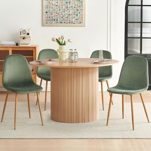Dining Table Set for 4, Mid Century Modern 47 Inch Wooden Round Dining Table Set, Space Saving (Table + 4 Green Chairs) - Thumbnail 3