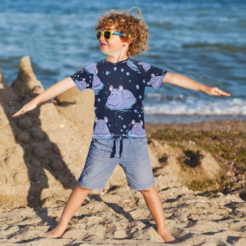 Kids Swimsuit Hippo Animal Purple Cartoon Sunscreen T-Shirts Swimwear Sets UPF 50+4