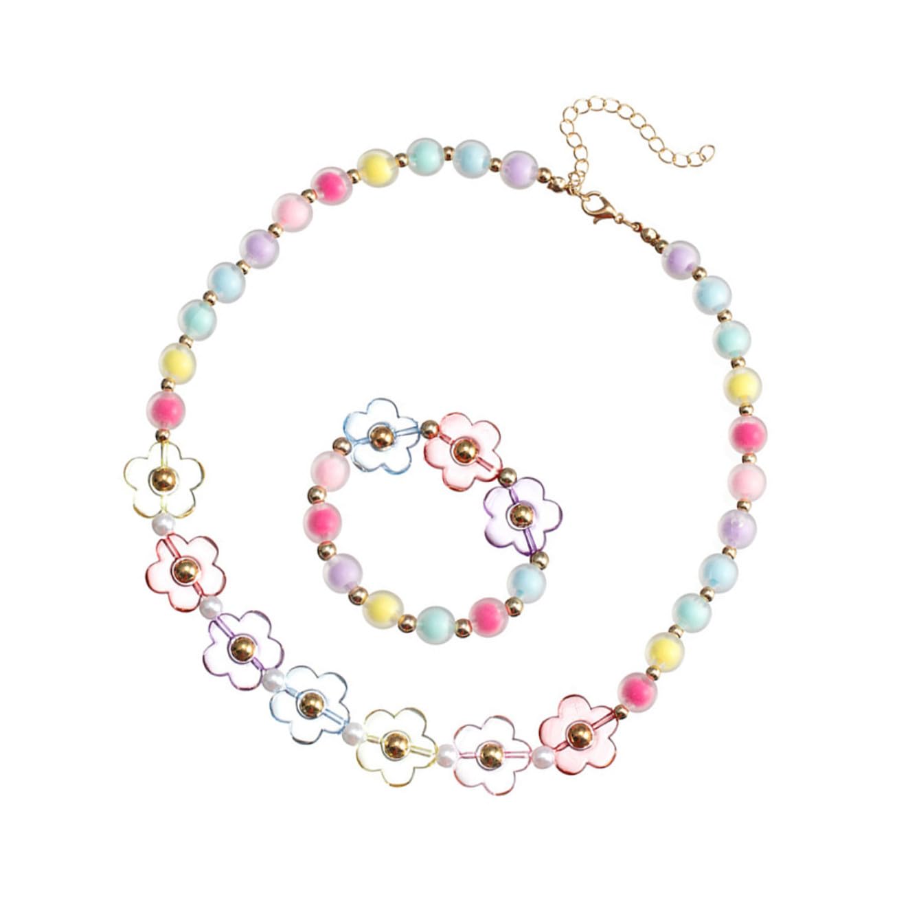 FUNNETOYU Kids Beaded Jewelry Set Featuring Sturdy Lightweight Acrylic and Pearl Flower Necklace and Bracelet, Lovely Delicate Design for Performance and Attending Parties